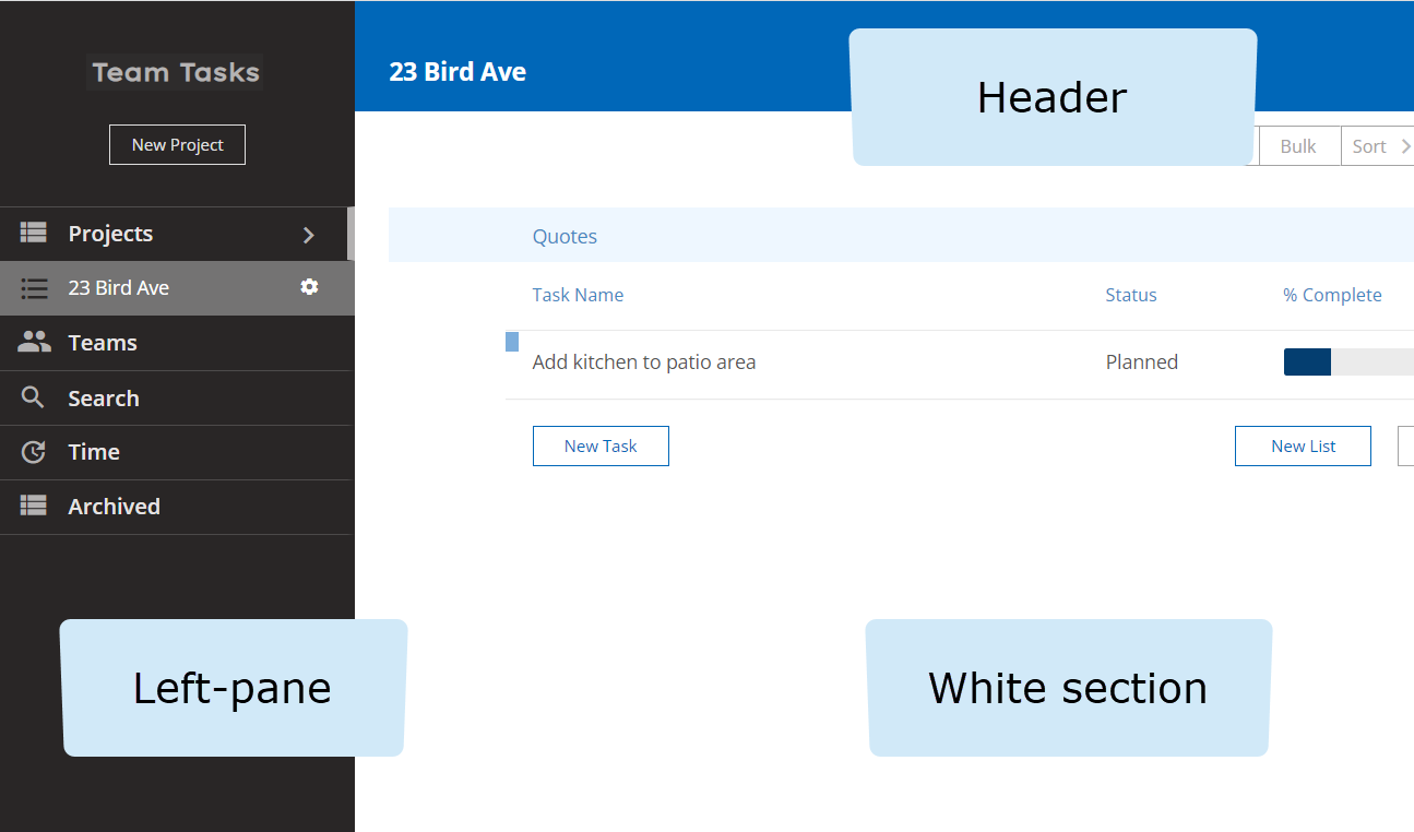 The header, left-pane, and white- section
